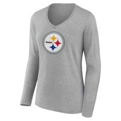 Pittsburgh Steelers Women's Primary Team Logo Long Sleeve V-Neck T-Shirt - Heather Gray T-shirts