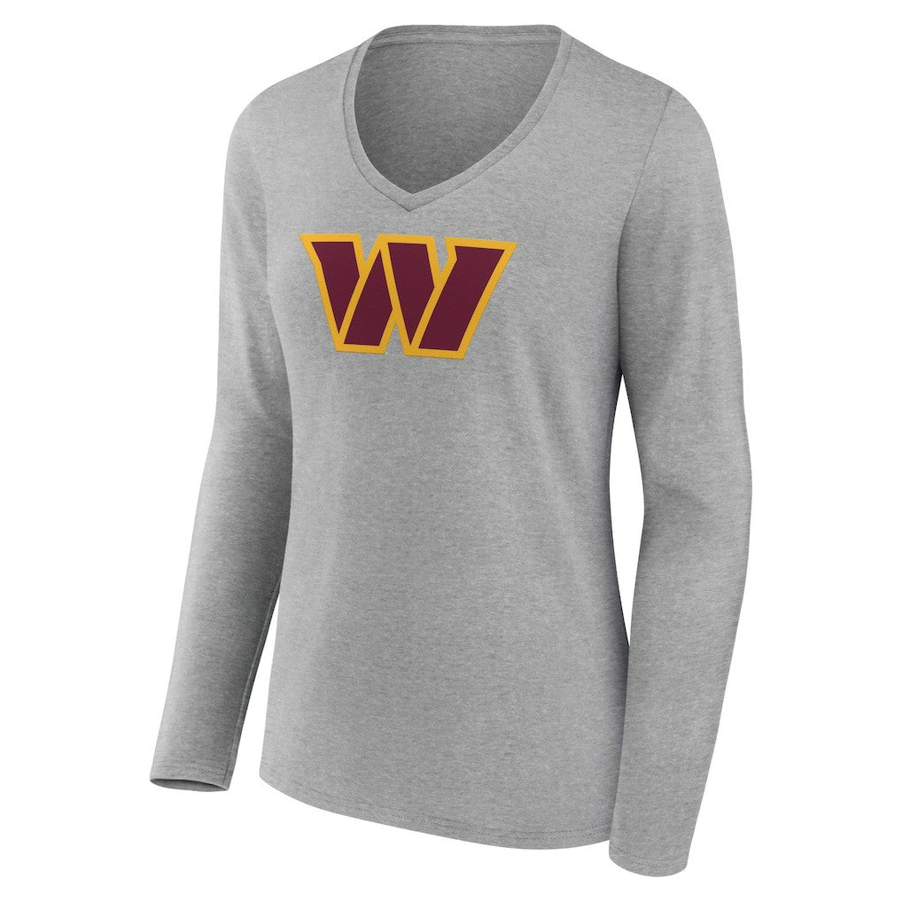 Washington Commanders Women's Primary Team Logo Long Sleeve V-Neck T-Shirt - Heather Gray T-shirts