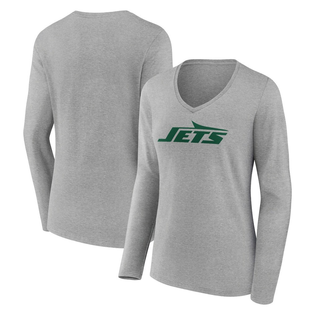 New York Jets Women's Primary Logo Long Sleeve V-Neck T-Shirt - Gray T-shirts