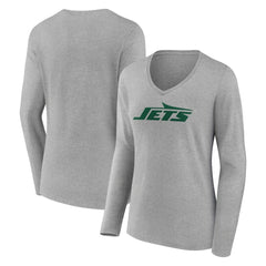 New York Jets Women's Primary Logo Long Sleeve V-Neck T-Shirt - Gray T-shirts
