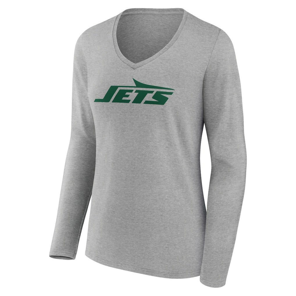 New York Jets Women's Primary Logo Long Sleeve V-Neck T-Shirt - Gray T-shirts