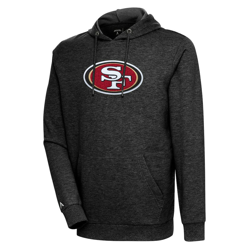 San Francisco 49ers Antigua Action Chenille Pullover Hoodie - Heathered Black Hoodies
