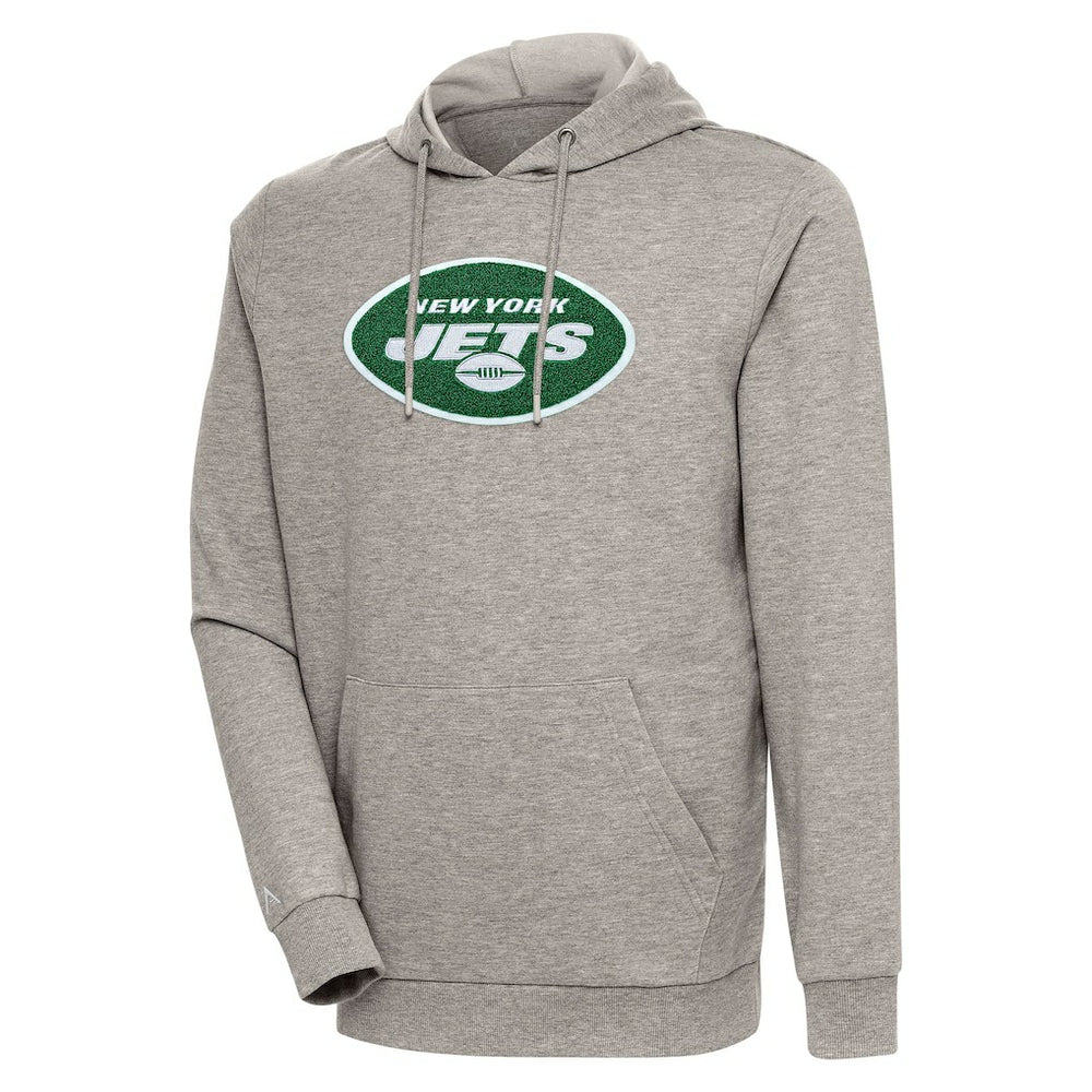 New York Jets Antigua Action Chenille Pullover Hoodie - Oatmeal Hoodies