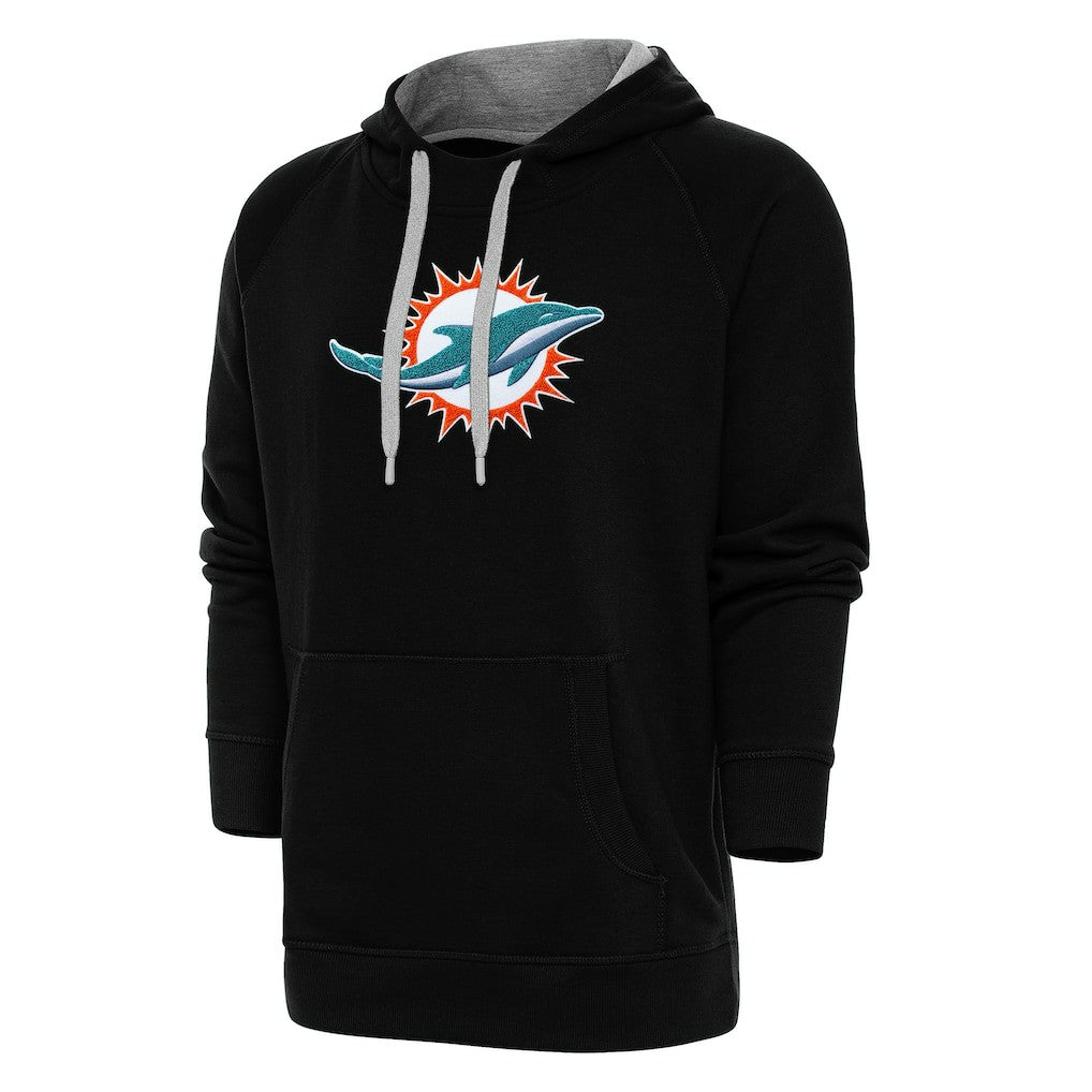 Miami Dolphins Antigua Victory Chenille Pullover Hoodie - Black Hoodies
