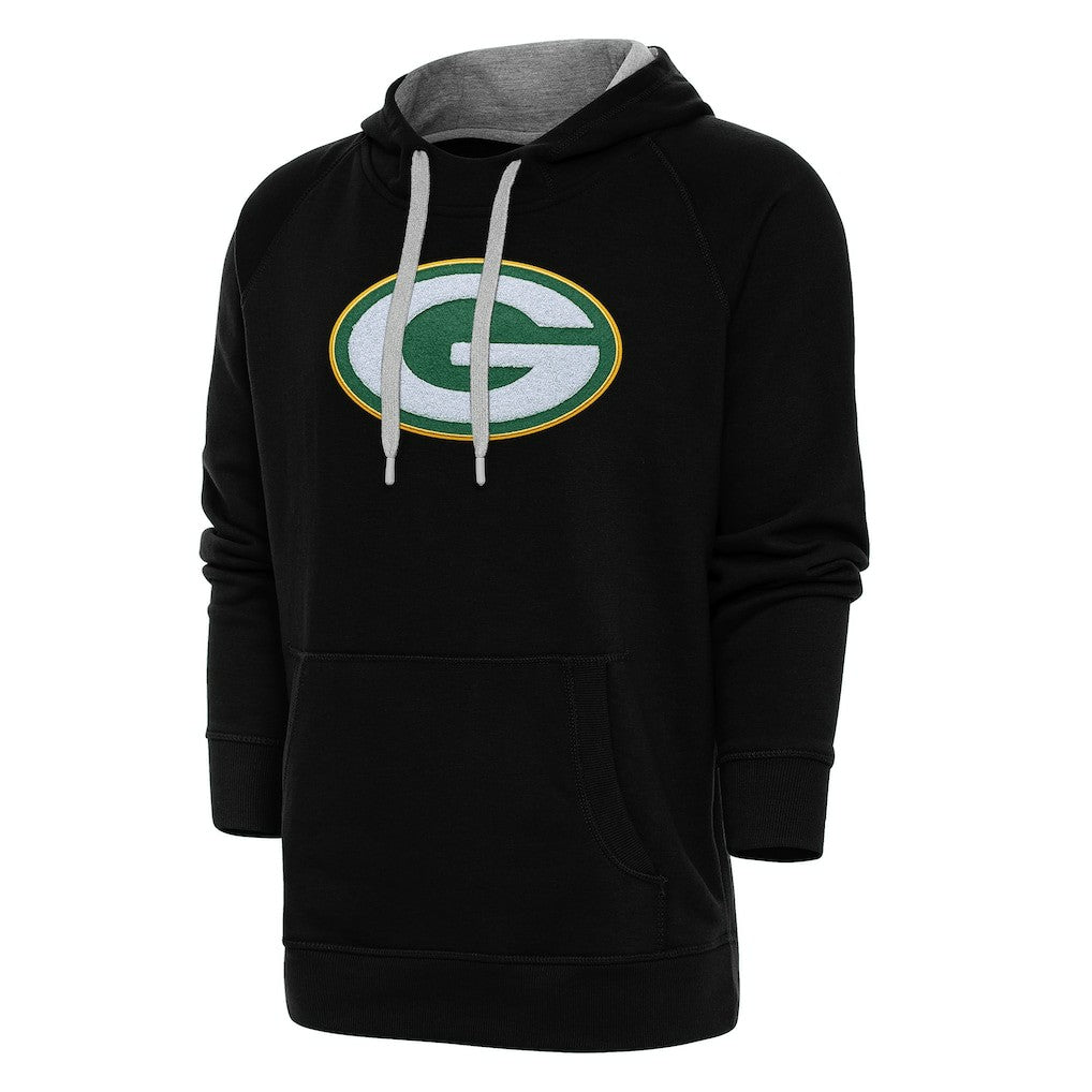 Green Bay Packers Antigua Victory Chenille Pullover Hoodie - Black Hoodies