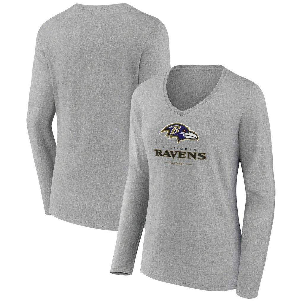 Baltimore Ravens Women's Logo Team Lockup Long Sleeve V-Neck T-Shirt - Heather Gray T-shirts