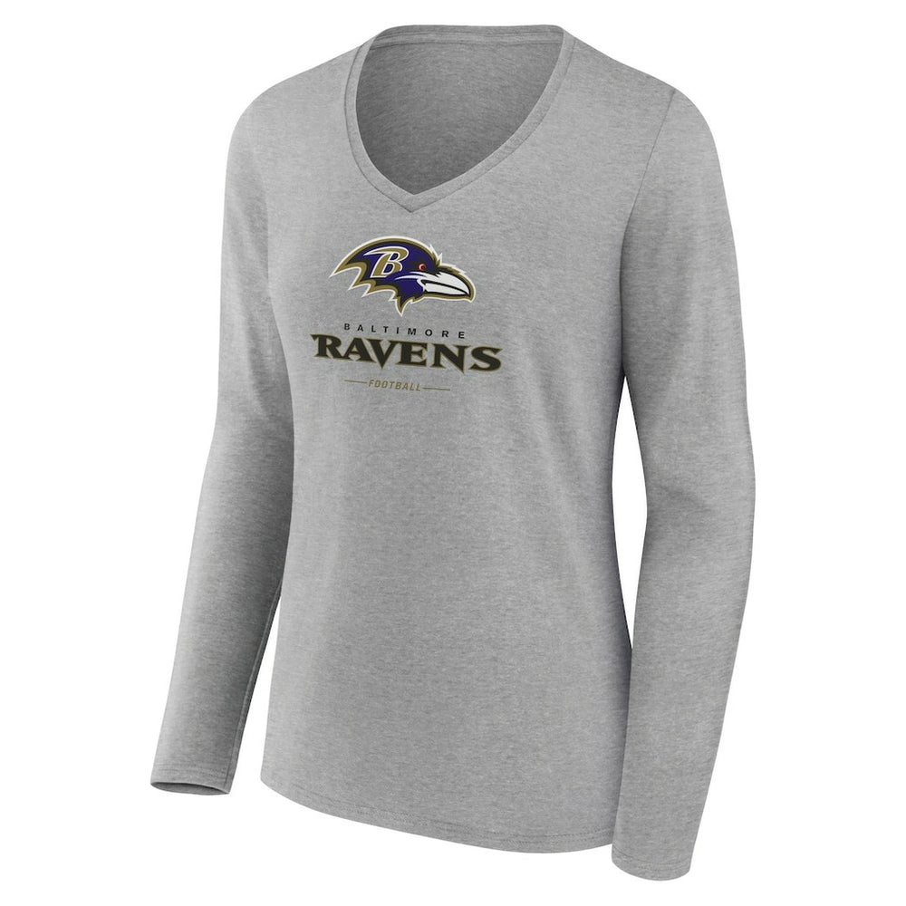 Baltimore Ravens Women's Logo Team Lockup Long Sleeve V-Neck T-Shirt - Heather Gray T-shirts