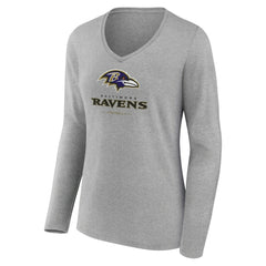 Baltimore Ravens Women's Logo Team Lockup Long Sleeve V-Neck T-Shirt - Heather Gray T-shirts
