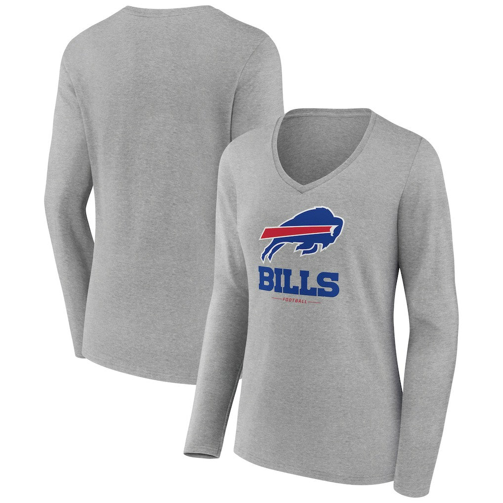 Buffalo Bills Women's Logo Team Lockup Long Sleeve V-Neck T-Shirt - Heather Gray T-shirts