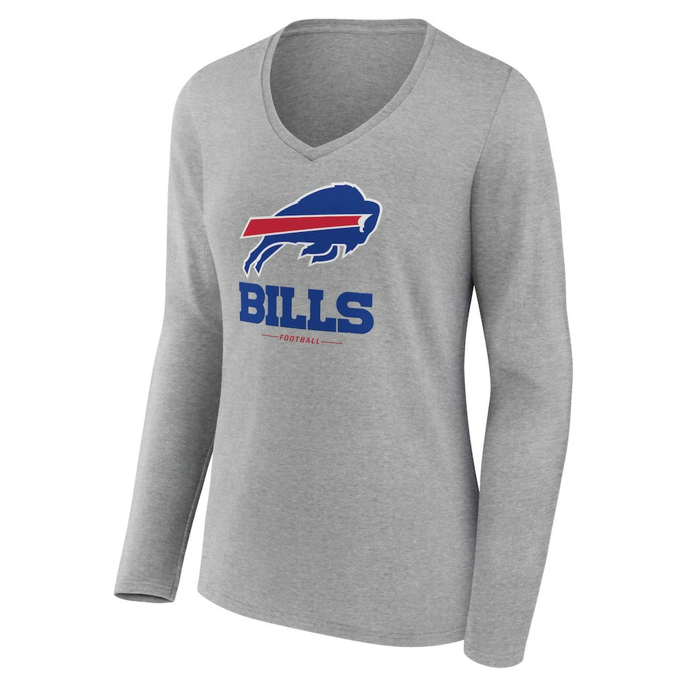 Buffalo Bills Women's Logo Team Lockup Long Sleeve V-Neck T-Shirt - Heather Gray T-shirts
