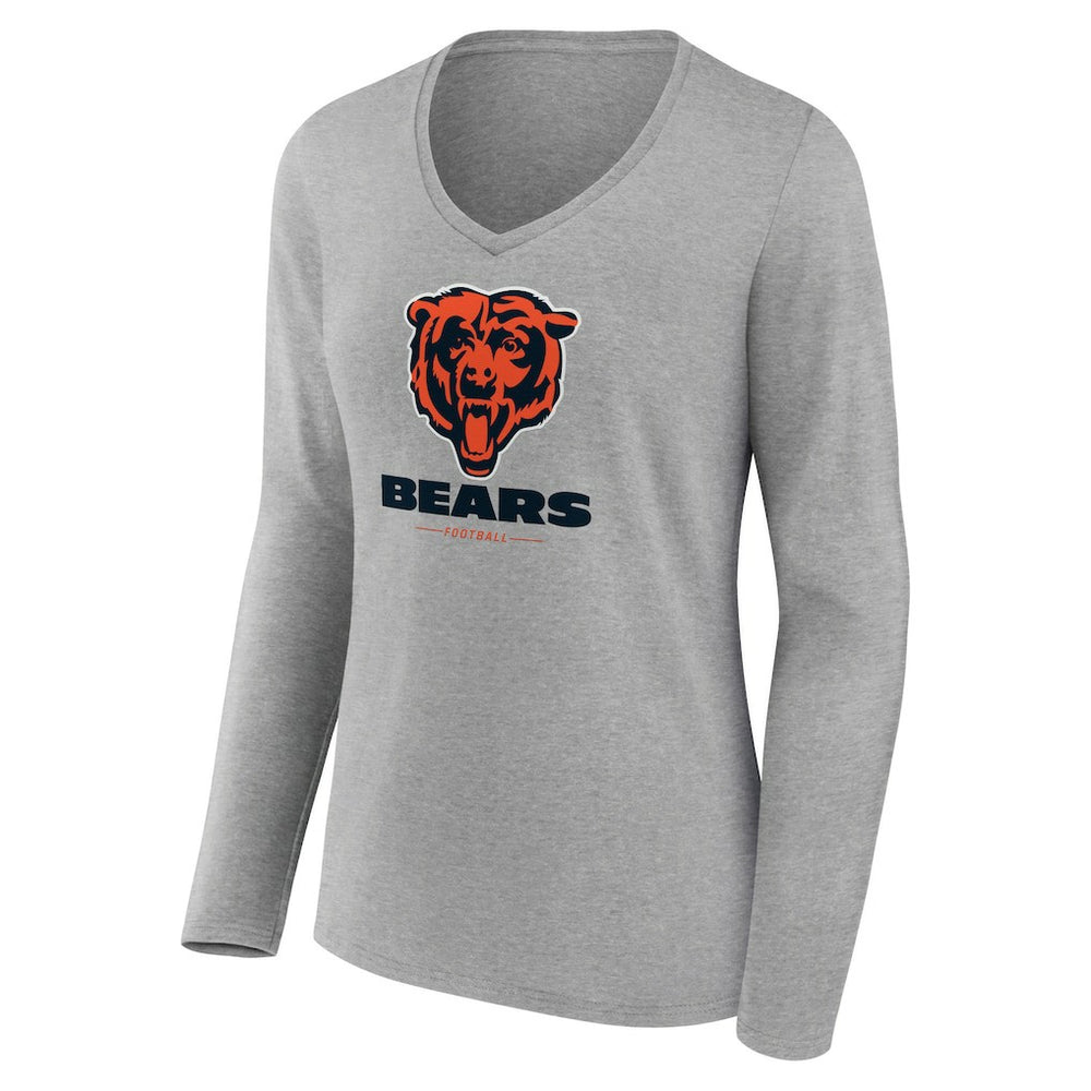 Chicago Bears Women's Logo Team Lockup Long Sleeve V-Neck T-Shirt - Heather Gray T-shirts
