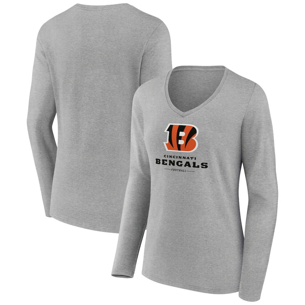 Cincinnati Bengals Women's Logo Team Lockup Long Sleeve V-Neck T-Shirt - Heather Gray T-shirts