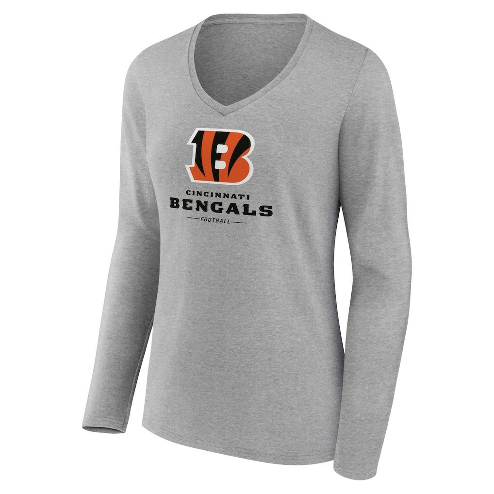 Cincinnati Bengals Women's Logo Team Lockup Long Sleeve V-Neck T-Shirt - Heather Gray T-shirts