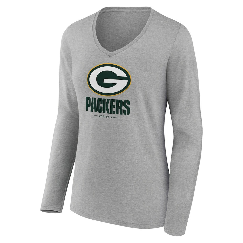 Green Bay Packers Women's Logo Team Lockup Long Sleeve V-Neck T-Shirt - Heather Gray T-shirts