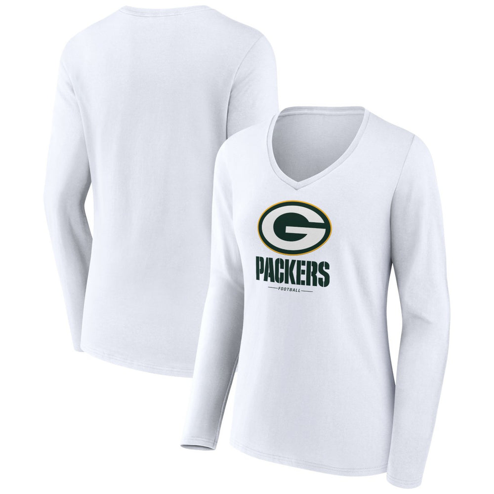 Green Bay Packers Women's Logo Team Lockup Long Sleeve V-Neck T-Shirt - White T-shirts