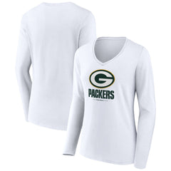 Green Bay Packers Women's Logo Team Lockup Long Sleeve V-Neck T-Shirt - White T-shirts