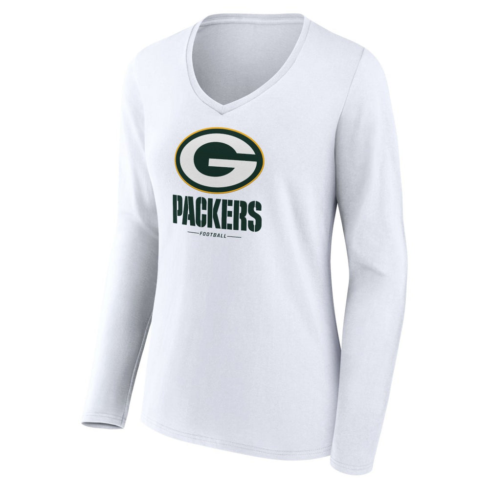 Green Bay Packers Women's Logo Team Lockup Long Sleeve V-Neck T-Shirt - White T-shirts