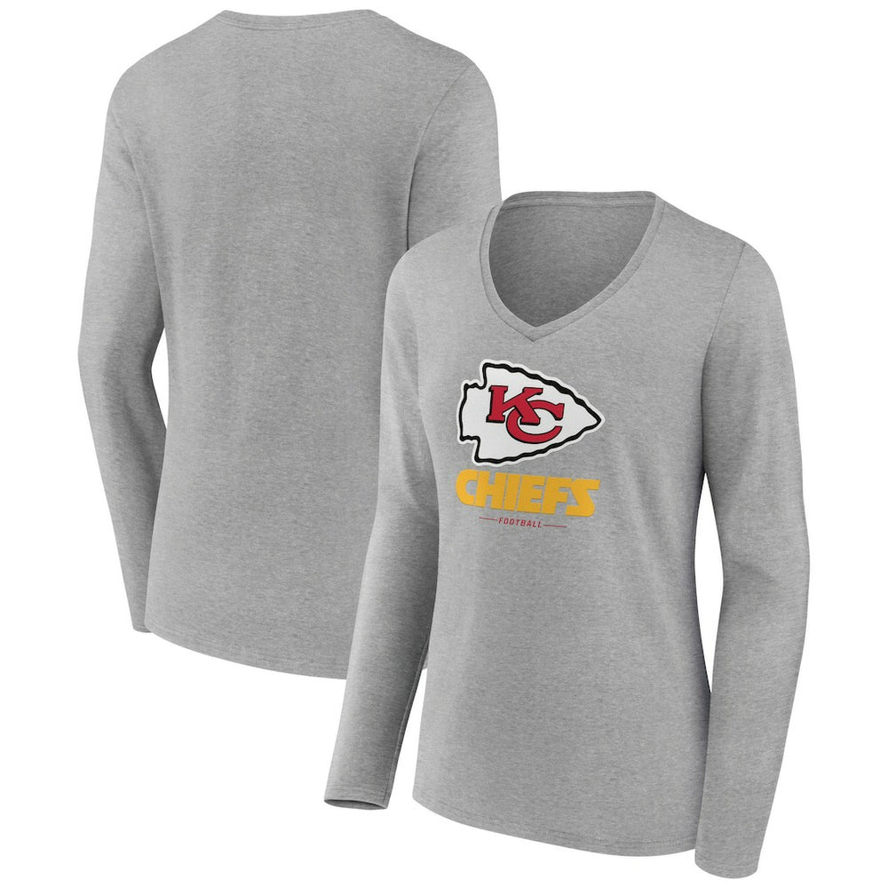 Kansas City Chiefs Women's Logo Team Lockup Long Sleeve V-Neck T-Shirt - Heather Gray T-shirts