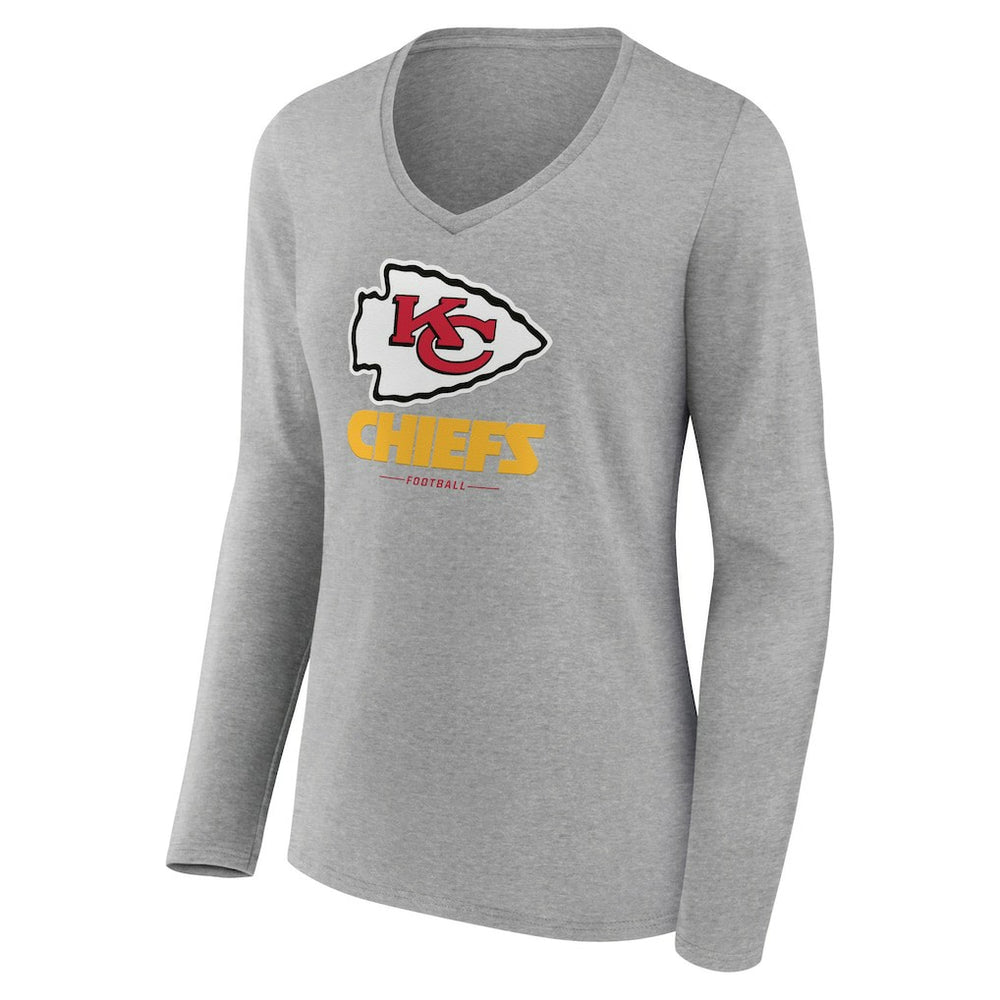 Kansas City Chiefs Women's Logo Team Lockup Long Sleeve V-Neck T-Shirt - Heather Gray T-shirts