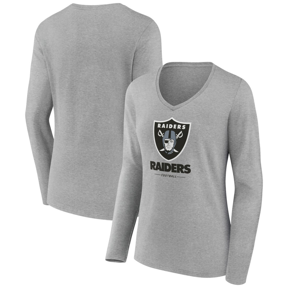 Las Vegas Raiders Women's Logo Team Lockup Long Sleeve V-Neck T-Shirt - Heather Gray T-shirts