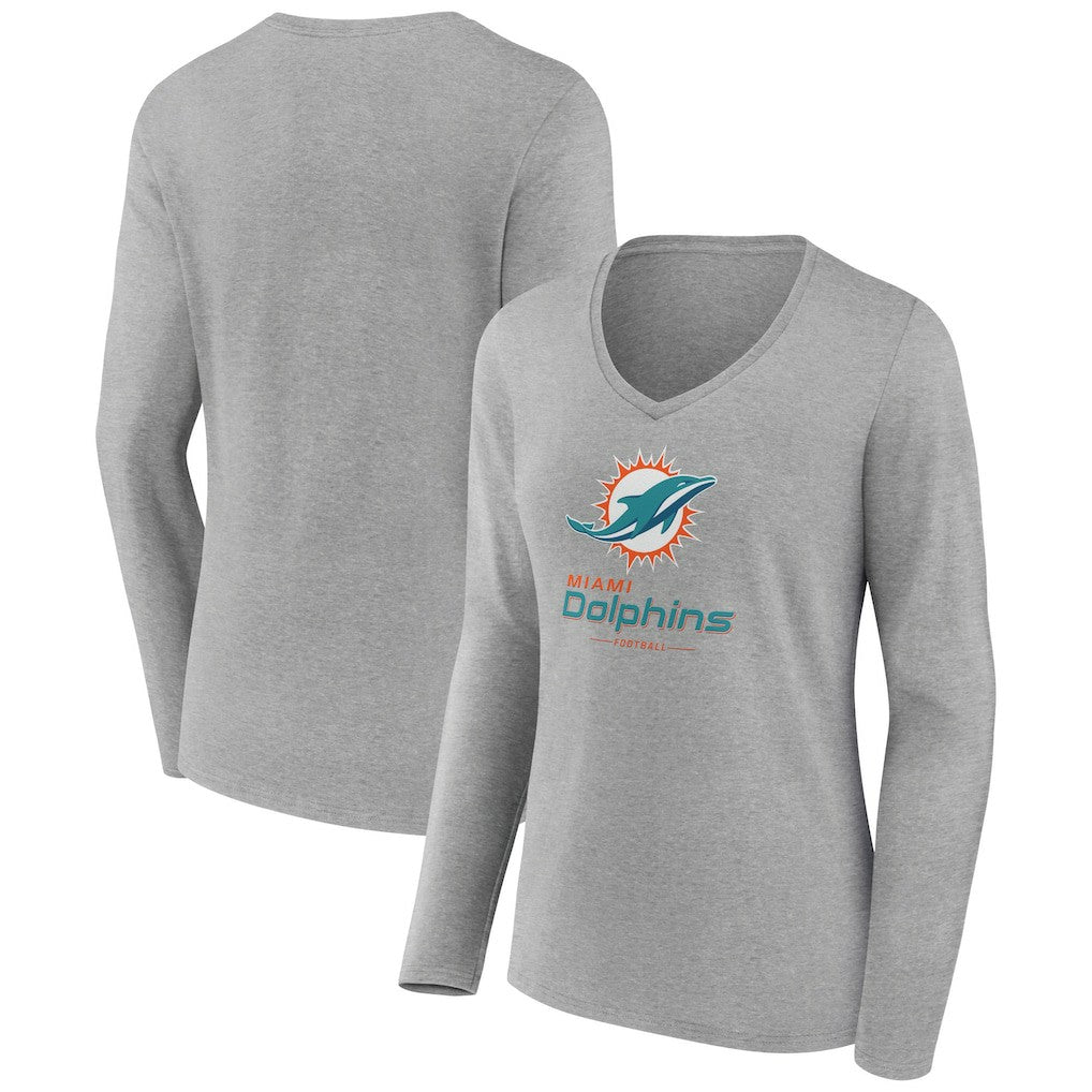Miami Dolphins Women's Logo Team Lockup Long Sleeve V-Neck T-Shirt - Heather Gray T-shirts