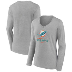 Miami Dolphins Women's Logo Team Lockup Long Sleeve V-Neck T-Shirt - Heather Gray T-shirts