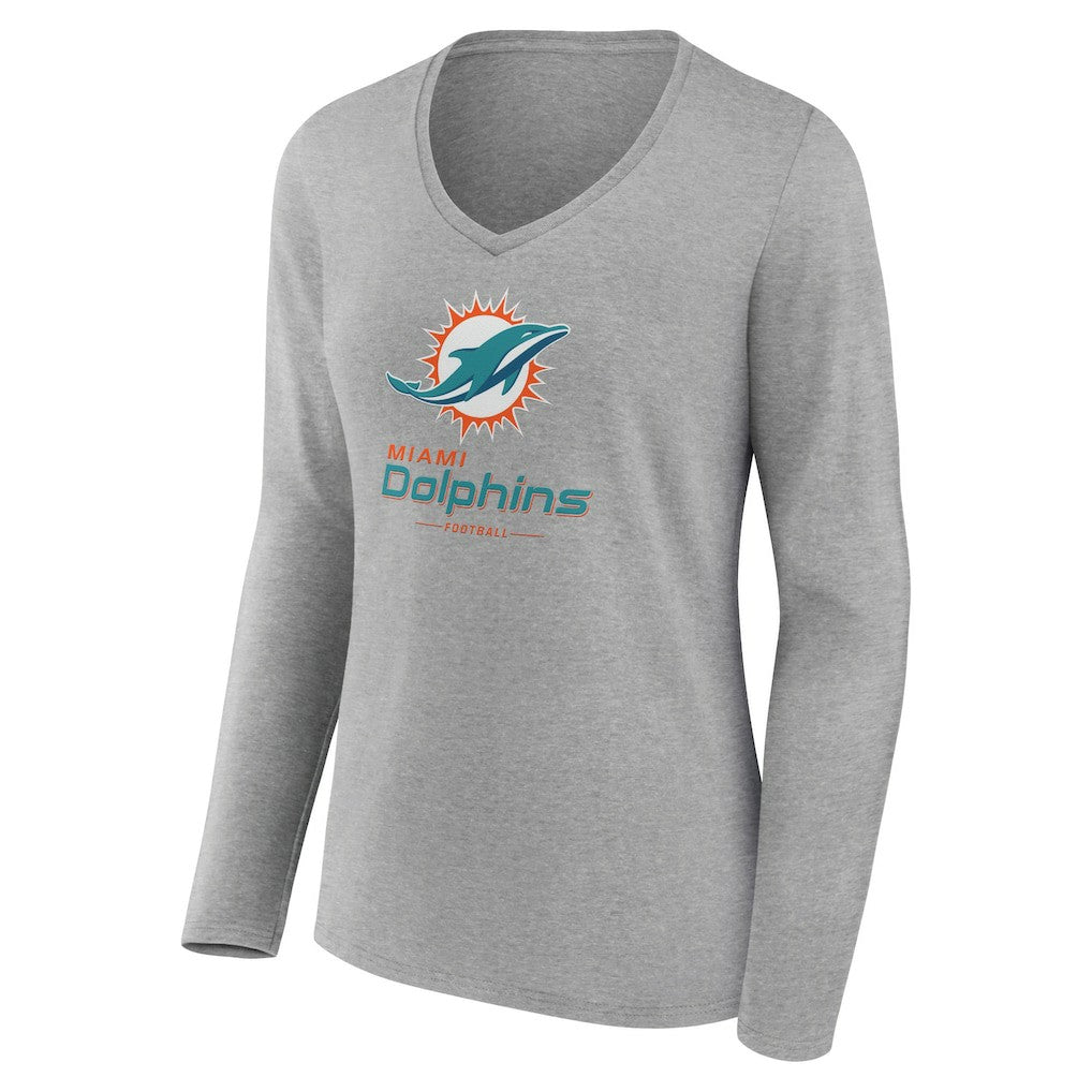 Miami Dolphins Women's Logo Team Lockup Long Sleeve V-Neck T-Shirt - Heather Gray T-shirts