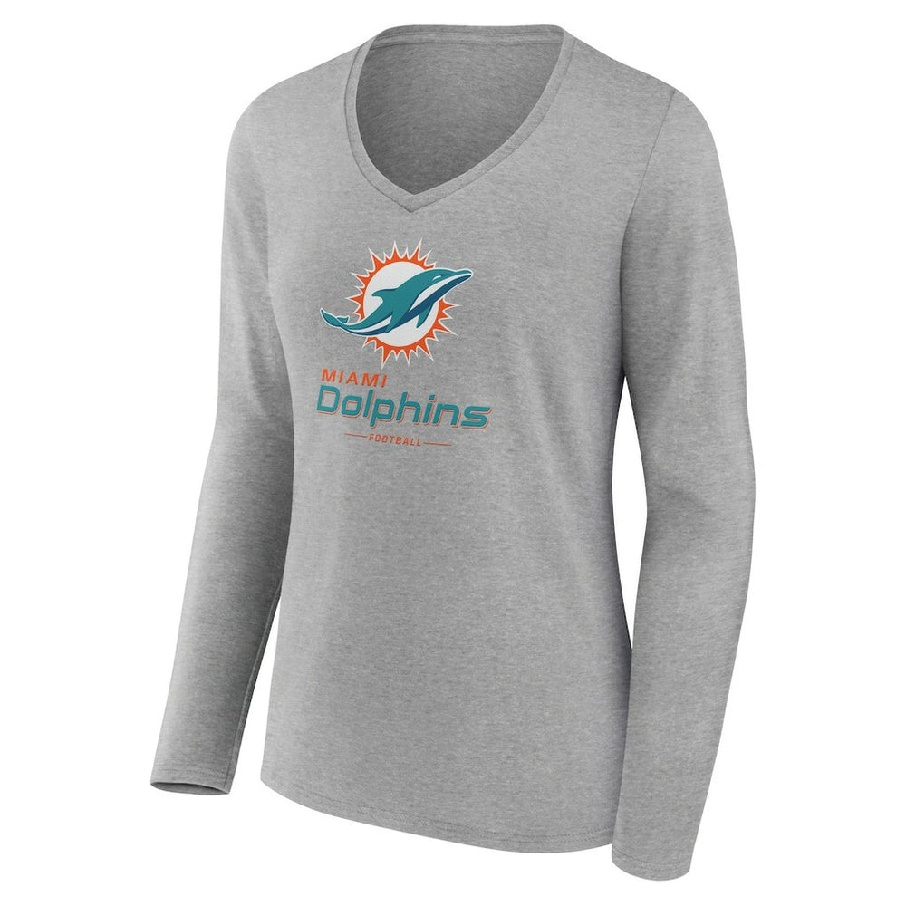 Miami Dolphins Women's Logo Team Lockup Long Sleeve V-Neck T-Shirt - Heather Gray T-shirts