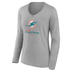 Miami Dolphins Women's Logo Team Lockup Long Sleeve V-Neck T-Shirt - Heather Gray T-shirts