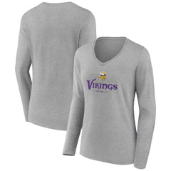 Minnesota Vikings Women's Logo Team Lockup Long Sleeve V-Neck T-Shirt - Heather Gray T-shirts