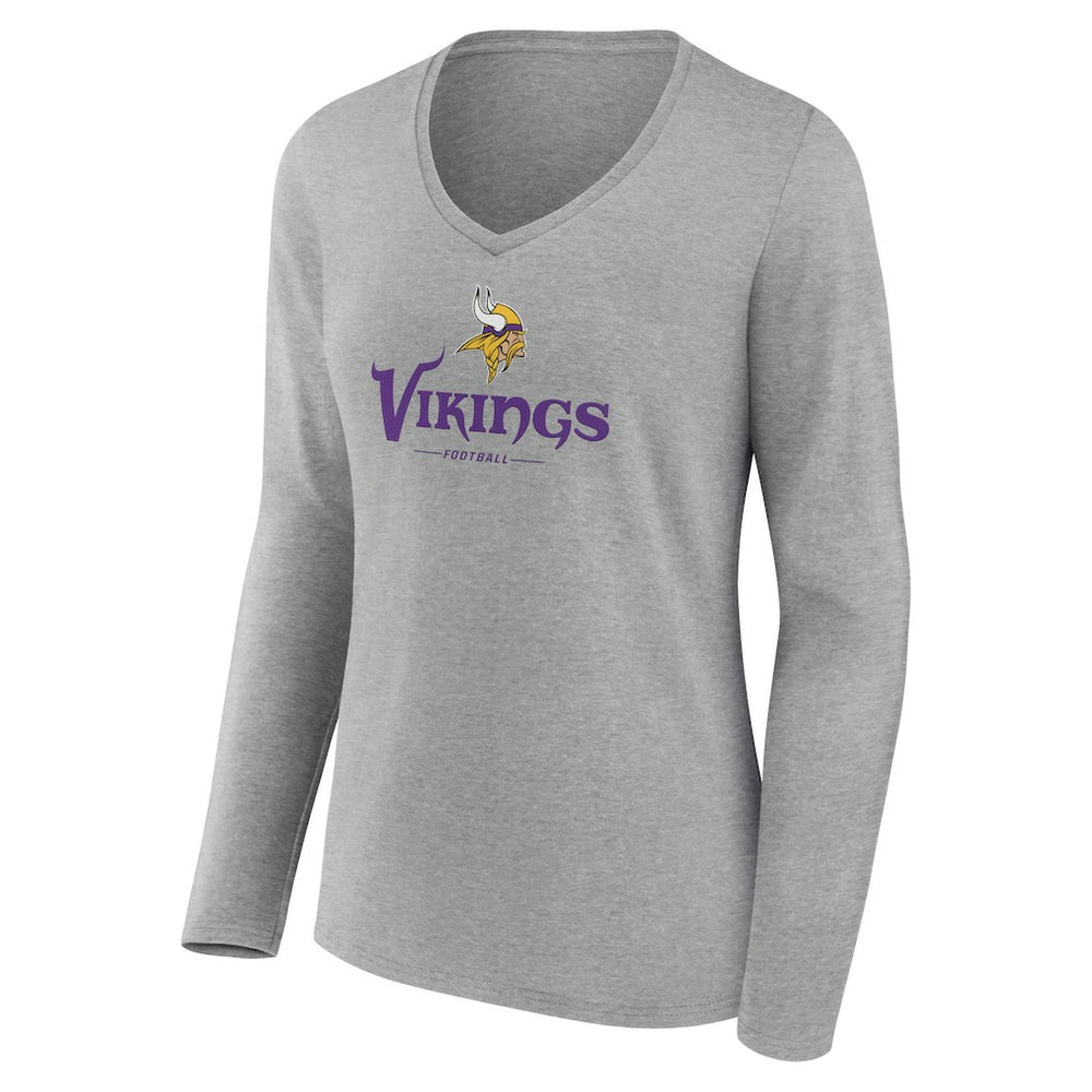 Minnesota Vikings Women's Logo Team Lockup Long Sleeve V-Neck T-Shirt - Heather Gray T-shirts