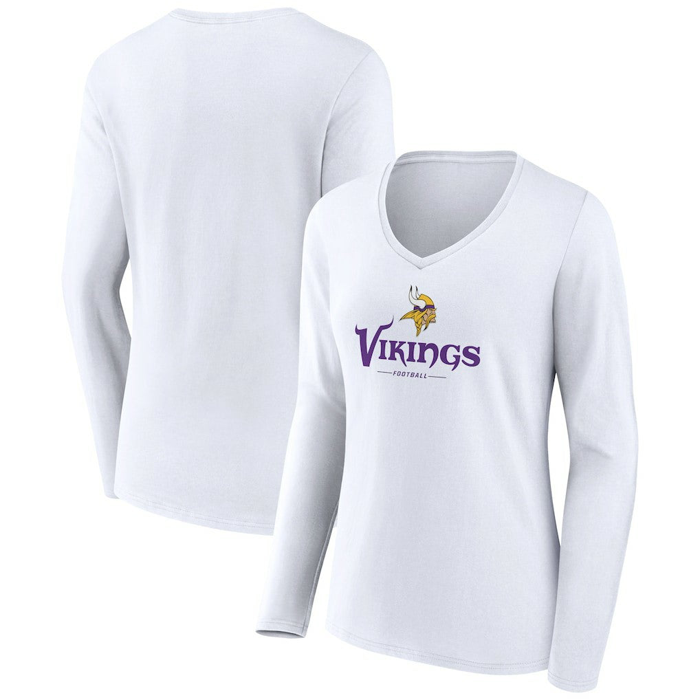 Minnesota Vikings Women's Logo Team Lockup Long Sleeve V-Neck T-Shirt - White T-shirts