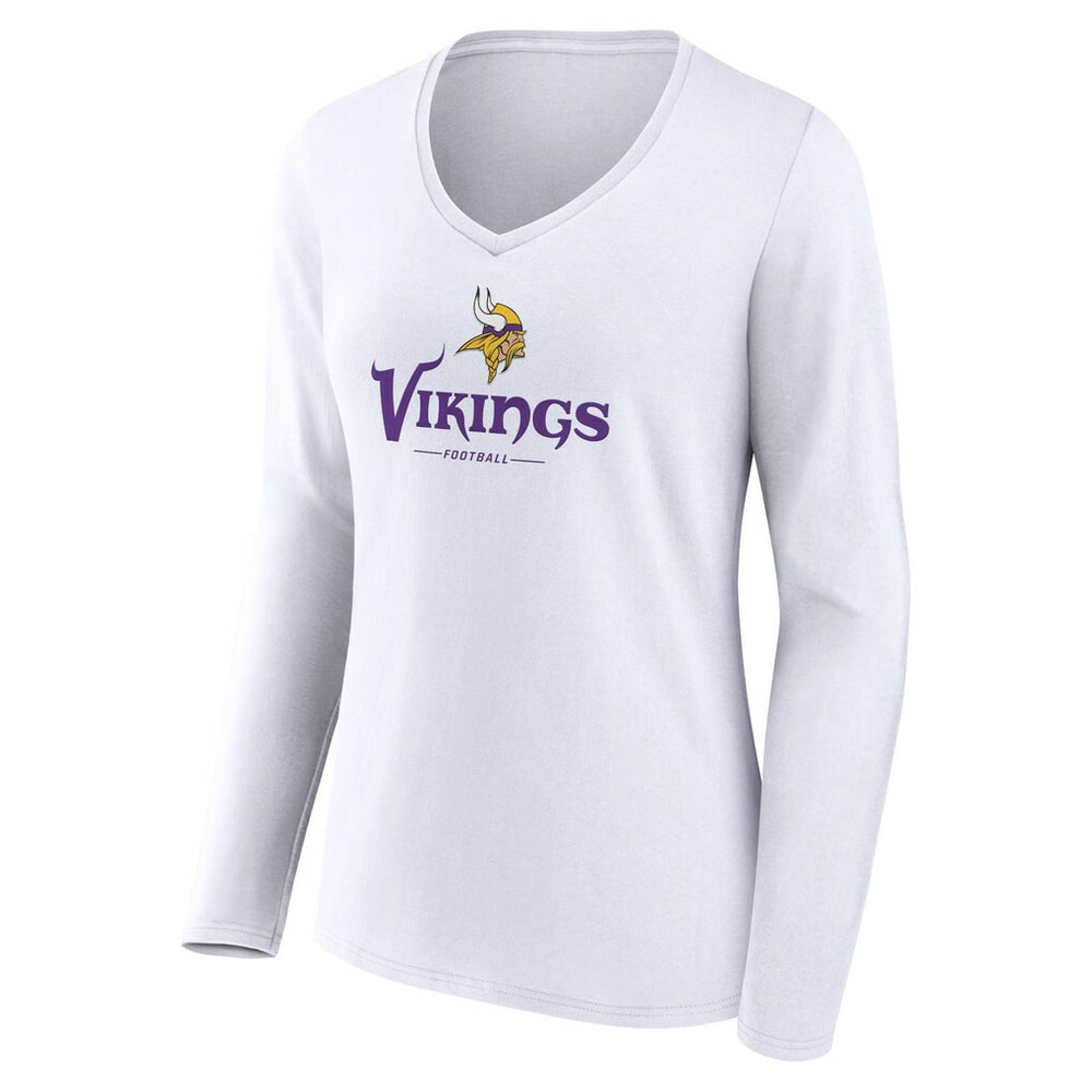 Minnesota Vikings Women's Logo Team Lockup Long Sleeve V-Neck T-Shirt - White T-shirts