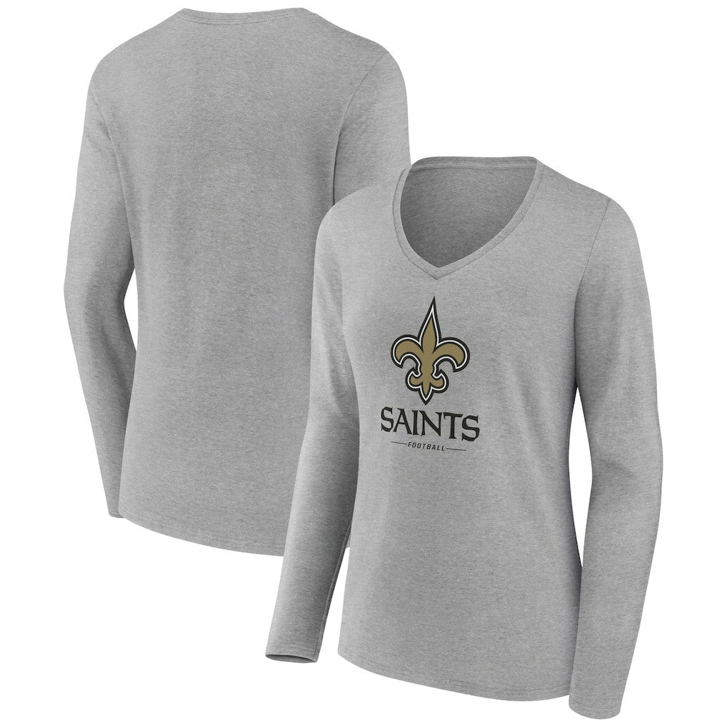 New Orleans Saints Women's Logo Team Lockup Long Sleeve V-Neck T-Shirt - Heather Gray T-shirts