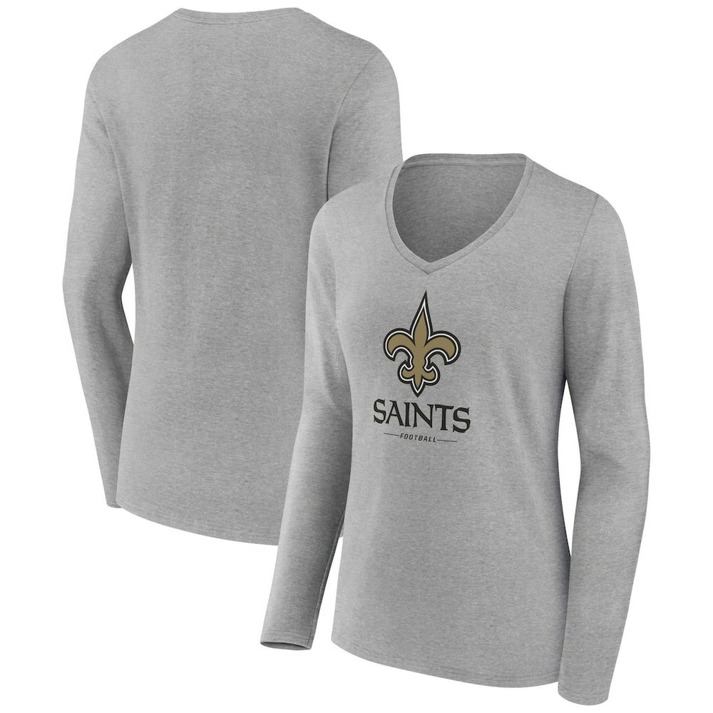 New Orleans Saints Women's Logo Team Lockup Long Sleeve V-Neck T-Shirt - Heather Gray T-shirts