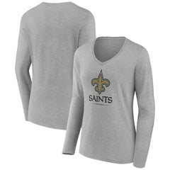 New Orleans Saints Women's Logo Team Lockup Long Sleeve V-Neck T-Shirt - Heather Gray T-shirts