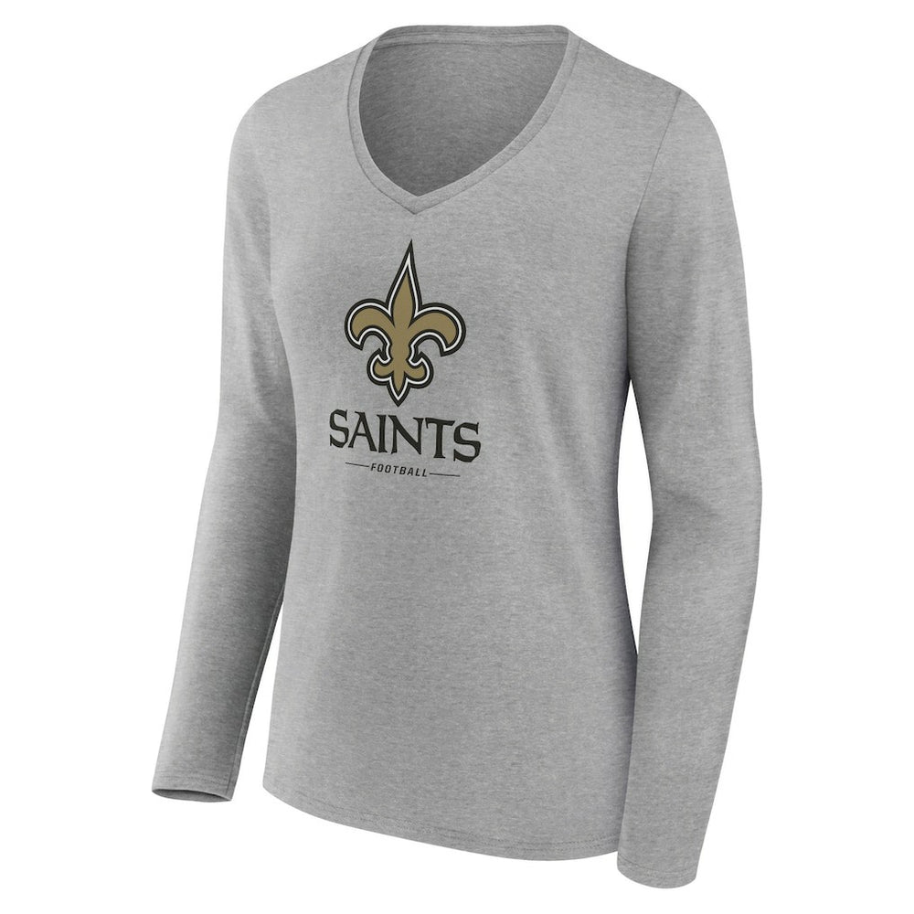 New Orleans Saints Women's Logo Team Lockup Long Sleeve V-Neck T-Shirt - Heather Gray T-shirts