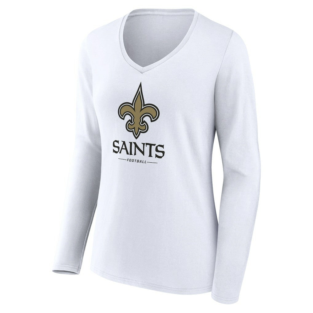 New Orleans Saints Women's Logo Team Lockup Long Sleeve V-Neck T-Shirt - White T-shirts