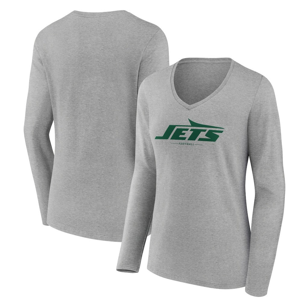 New York Jets Women's Logo Team Lockup Long Sleeve V-Neck T-Shirt - Heather Gray T-shirts
