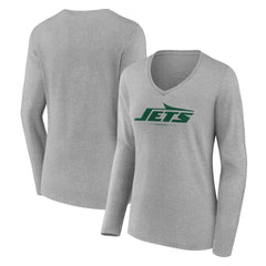 New York Jets Women's Logo Team Lockup Long Sleeve V-Neck T-Shirt - Heather Gray T-shirts