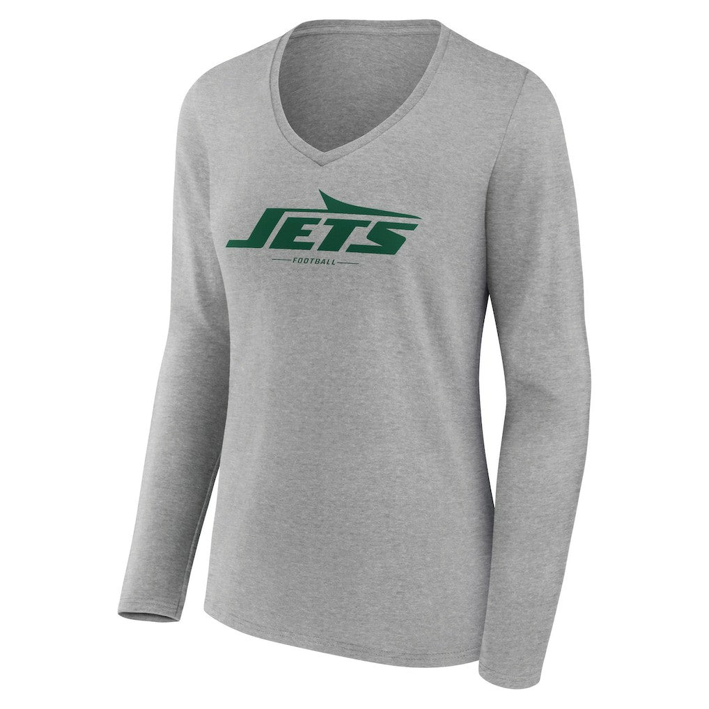 New York Jets Women's Logo Team Lockup Long Sleeve V-Neck T-Shirt - Heather Gray T-shirts