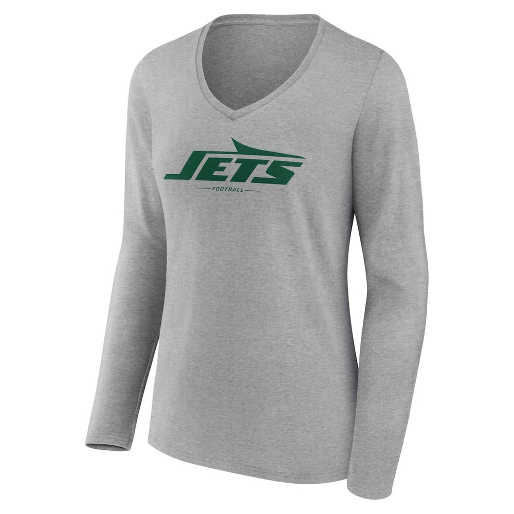 New York Jets Women's Logo Team Lockup Long Sleeve V-Neck T-Shirt - Heather Gray T-shirts