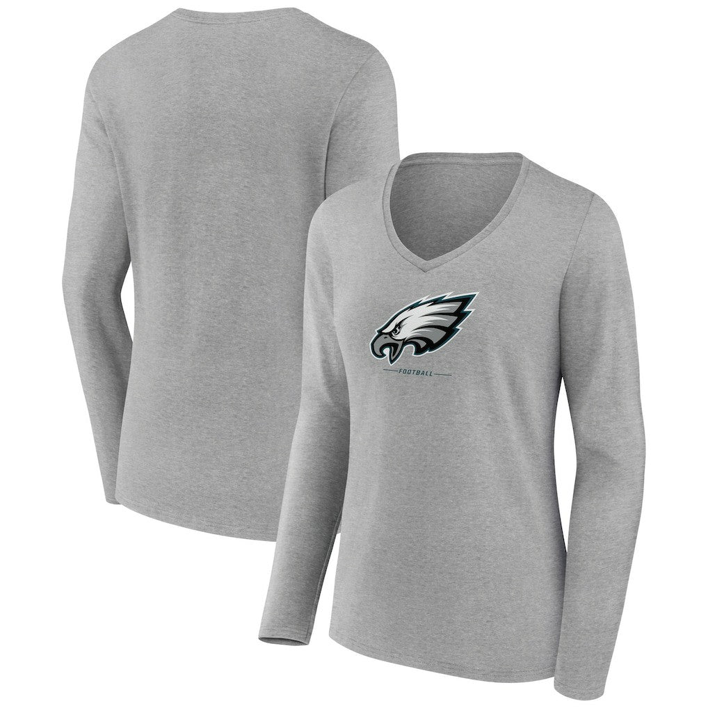 Philadelphia Eagles Women's Logo Team Lockup Long Sleeve V-Neck T-Shirt - Heather Gray T-shirts