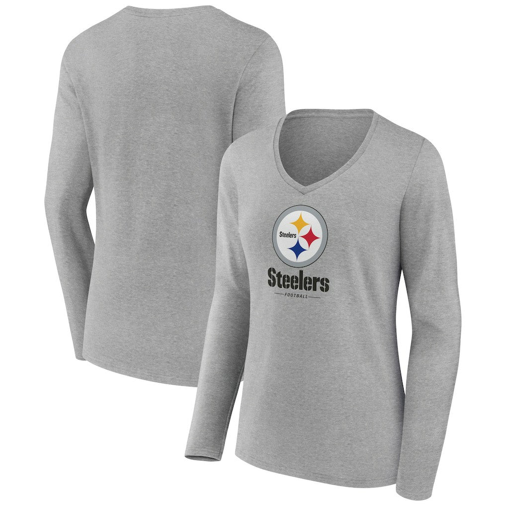 Pittsburgh Steelers Women's Logo Team Lockup Long Sleeve V-Neck T-Shirt - Heather Gray T-shirts