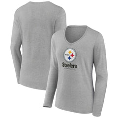 Pittsburgh Steelers Women's Logo Team Lockup Long Sleeve V-Neck T-Shirt - Heather Gray T-shirts