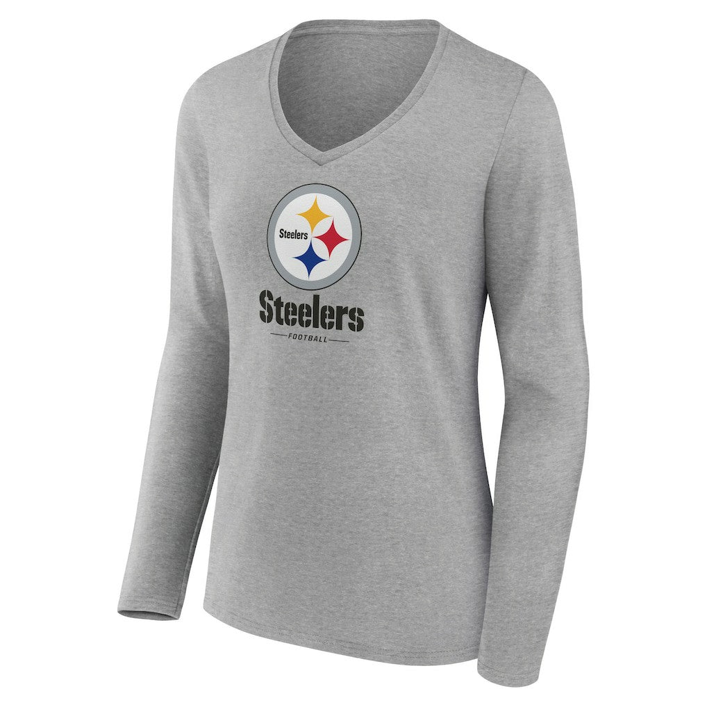 Pittsburgh Steelers Women's Logo Team Lockup Long Sleeve V-Neck T-Shirt - Heather Gray T-shirts