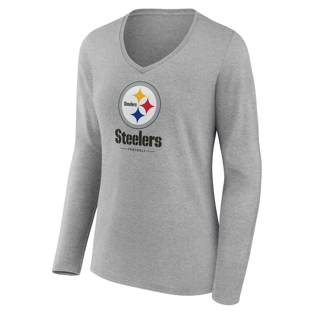 Pittsburgh Steelers Women's Logo Team Lockup Long Sleeve V-Neck T-Shirt - Heather Gray T-shirts