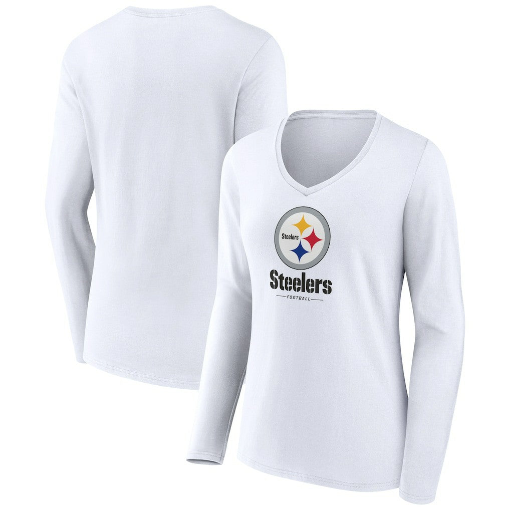 Pittsburgh Steelers Women's Logo Team Lockup Long Sleeve V-Neck T-Shirt - White T-shirts