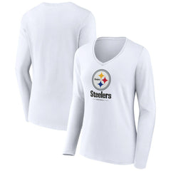 Pittsburgh Steelers Women's Logo Team Lockup Long Sleeve V-Neck T-Shirt - White T-shirts