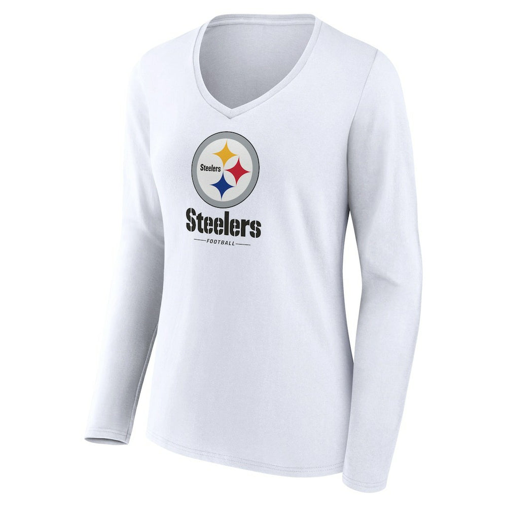 Pittsburgh Steelers Women's Logo Team Lockup Long Sleeve V-Neck T-Shirt - White T-shirts